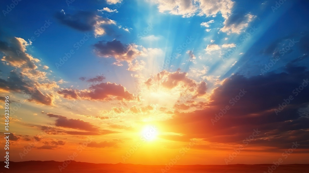 Radiant sunrise painting the sky with vibrant colors and soft sunbeams Radiant sunrise painting the sky with vibrant colors and soft sunbeams