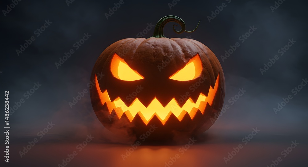 Glowing Jack-o'-lantern with Spooky Face in Dark Smoky Setting Glowing Jack-o'-lantern with Spooky Face in Dark Smoky Setting