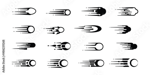 "Speed and Motion Trail Icons Set – Fast Moving Object Streaks and Dynamic Comet Effects"