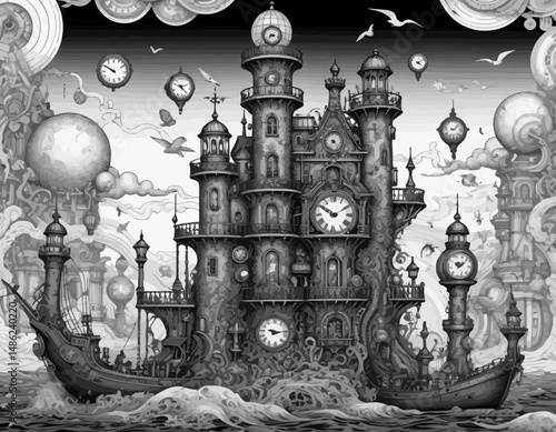 Steampunk-Cityscape-Afloat-Intricate-Black-and-White-Drawing-Clockwork-Towers-Nautical-Fantasy-Illustration-Detailed-Architecture-Time-Travel-Artwork