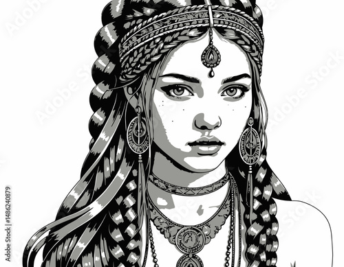 Detailed-Pencil-Drawing-of-Beautiful-Woman-with-Braided-Hair-and-Intricate-Jewelry-Stunning-Portrait-for-Coloring-or-Artistic-Inspiration-High-Resolution-Image