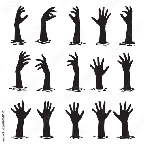 Fifteen black silhouette drawings of zombie hands reaching up from what appears to be water or ground.