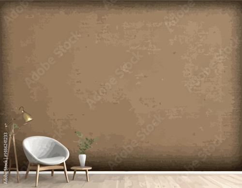 Minimalist-Living-Room-Interior-Design-with-Textured-Brown-Wall-White-Chair-Gold-Lamp-and-Wooden-Floor-Scandinavian-Style-Home-Decor-Simple-Elegant-Space