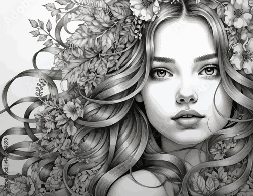 Pencil-Drawing-of-Beautiful-Woman-with-Floral-Crown-Intricate-Details-and-Flowing-Hair-Artistic-Portrait-Featuring-Botanical-Elements-Detailed-Pencil-Illustration