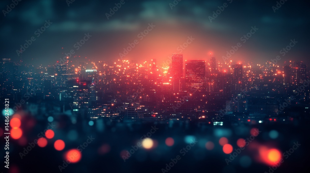 Obraz premium Night cityscape view with vibrant, fiery hues.