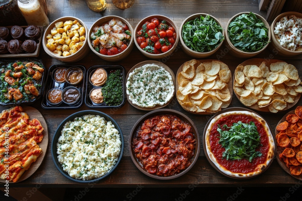 Endless Array of Delicious Cuisine Options Ready for Delivery at an Inviting Restaurant Featuring a Vibrant Display of Dishes on a Wooden Table Endless Array of Delicious Cuisine Options Ready for Delivery at an Inviting Restaurant Featuring a Vibrant Display of Dishes on a Wooden Table