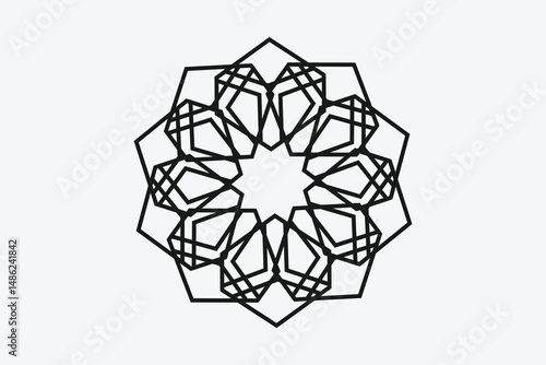 Geometric mandala with interlocking symmetrical shapes in black outline on white background