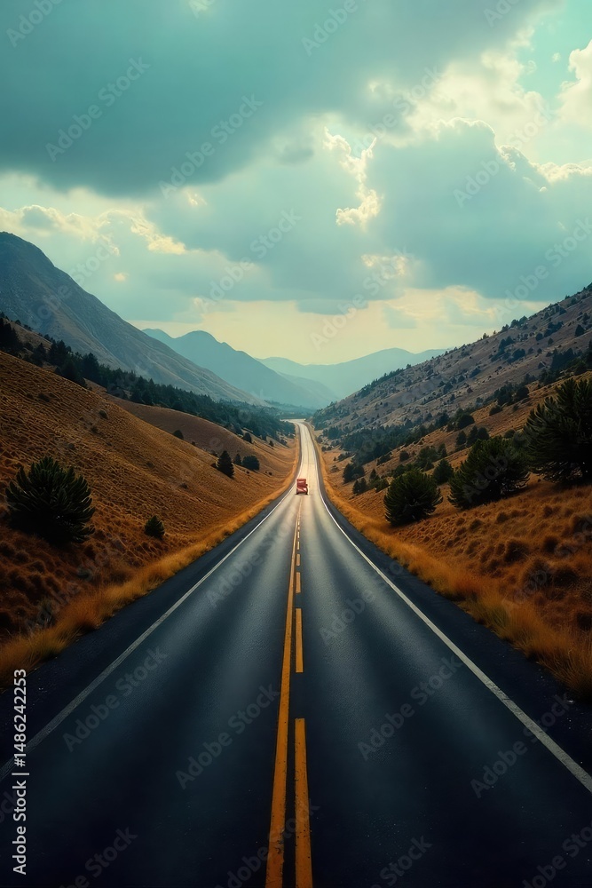 Naklejka premium A lone automobile on a long, winding road, disappearing into the distance, evokes a sense of adventure and the open road Perfect for travel, journey, freedom, and escape themes , landscape, autumn