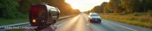 A police radar gun pointed down a highway, capturing speed violations The blurred background emphasizes the speed of passing vehicles A clear day with bright sunlight , enforcement, distance