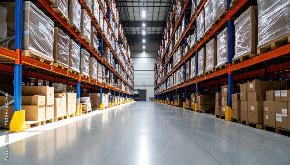 Fototapeta premium Organized Warehouse Interior with High Shelves and No People Present