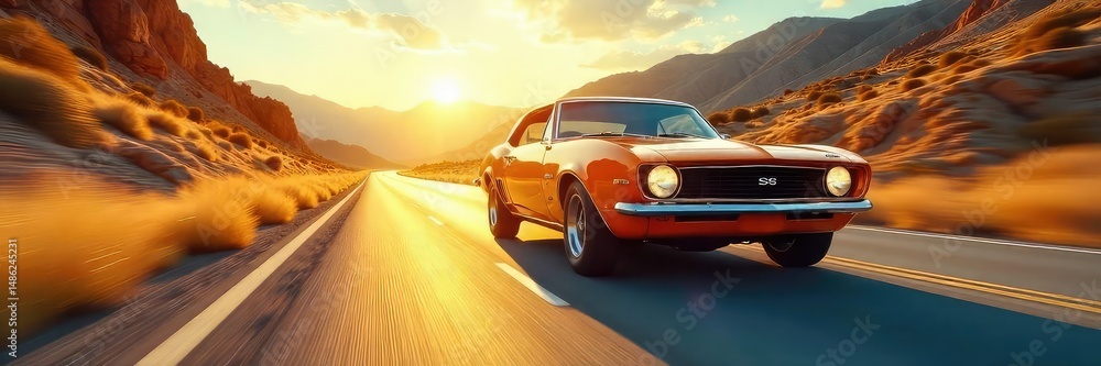 Naklejka premium A vibrant, classic car speeding down a sun-drenched highway, embodying the thrill of passionate road travel The open road beckons, freedom and adventure await , vehicle, classic car