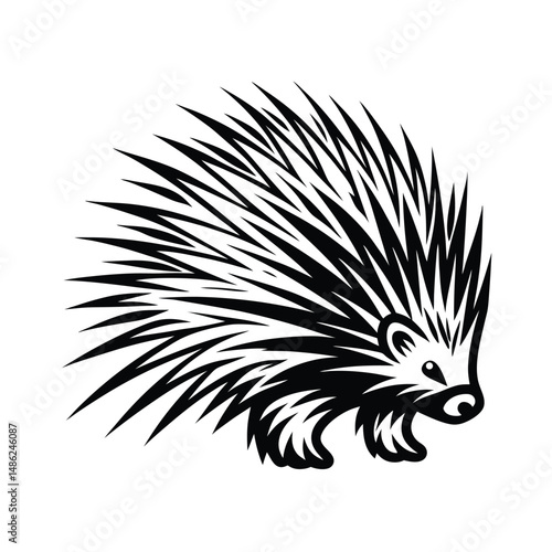 Stylized Silhouette of a Walking Porcupine With Sharp Quills Isolated on White