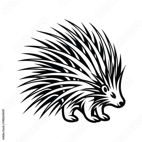 Black and White Porcupine Simplistic Rodent with Spikes Silhouette Art