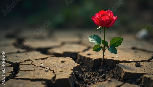 A lone red rose bursting forth from cracked earth, symbolizing rebirth and the overthrow of the old order A powerful image of renewal and defiance against oppressive forces , revolution one, change