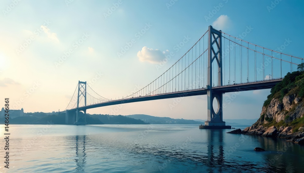 Fototapeta premium A modern suspension bridge spans a wide river, showcasing impressive civil engineering , traffic, tall