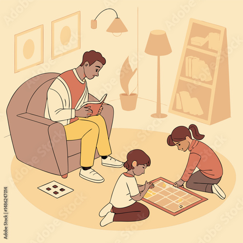 Flat Family Evening Routine Vector with Cozy Warm Light Scene