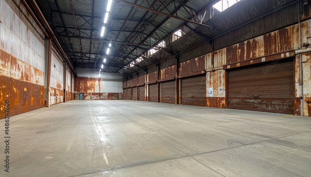 Obraz premium Spacious Rusty Warehouse with Loading Docks Under Bright Lights