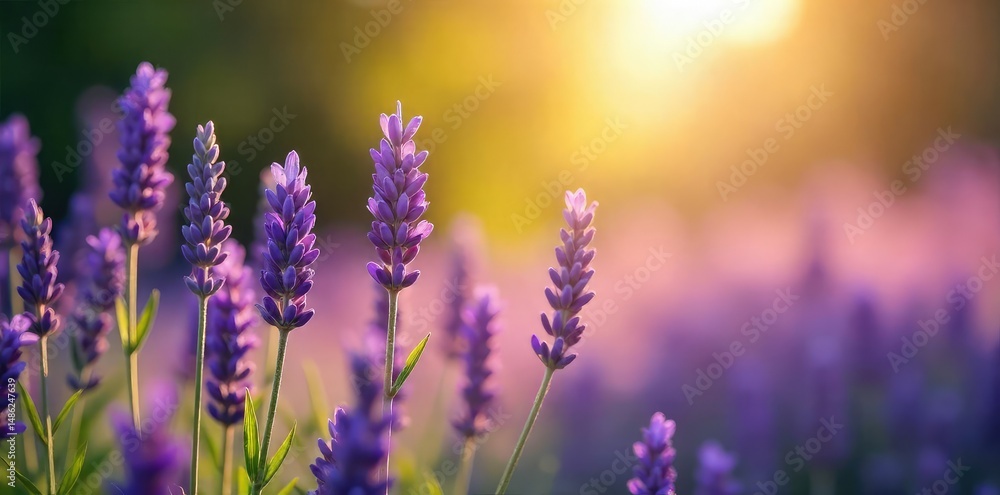 Naklejka premium A serene scene of lavender flowers bathed in soft sunlight, evoking peace and tranquility Perfect for spiritual, wellness, and meditation themes , meditation, spa, inner peace