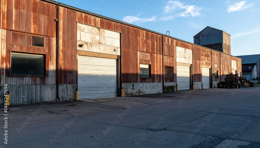 Rusty Warehouse Storage with Loading Docks and Dramatic Shadows Rusty Warehouse Storage with Loading Docks and Dramatic Shadows
