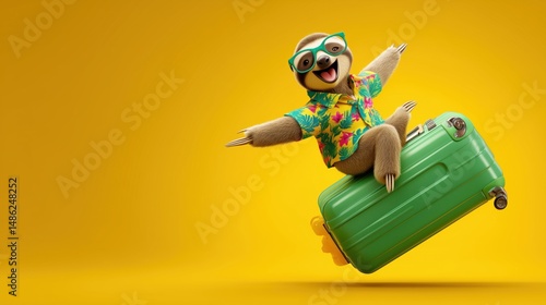 Sloth enjoying vacation on bright yellow background with colorful shirt and sunglasses