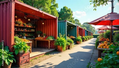Colorful shipping containers repurposed as stalls at a vibrant farmers market, overflowing with fresh produce , shopping, outdoor market