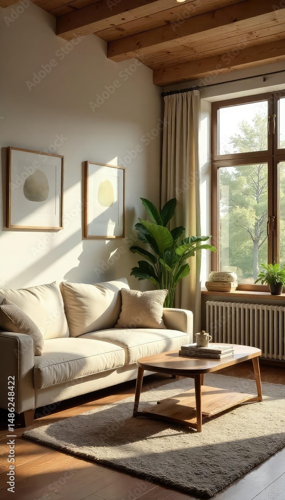 Fototapeta premium Cozy and inviting living room interior with comfortable furniture and natural light streaming through large windows, creating a warm and relaxing atmosphere , cushions, indoors, space