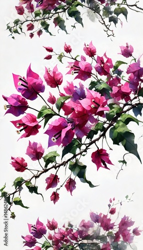 A vibrant watercolor painting of a bougainvillea vine adorned with magenta and pink blossoms. The flowing branches and lush green leaves contrast beautifully with the clean white background
