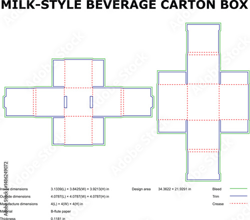 Milk Carton Box Design Template Packaging, DieCut, Folding, Dimensions, Beverage