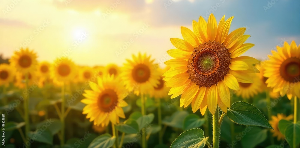 Fototapeta premium A vibrant field of towering sunflowers basking in the golden sunlight, their faces turned towards the sky Perfect for summer, nature, and agriculture themes , sunflowers, vibrant