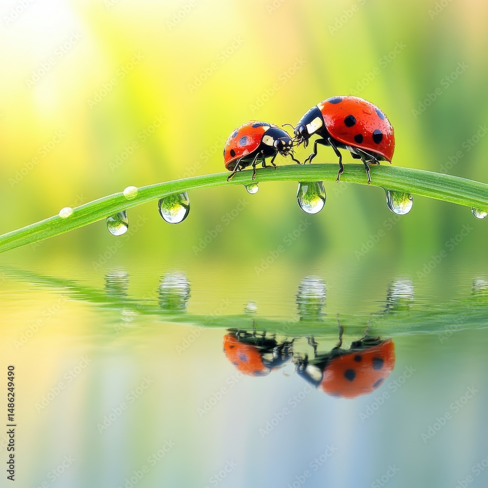 Obraz premium Two ladybugs on a blade of grass with water drop reflection