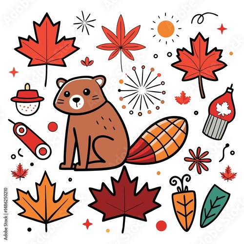 Cute autumnal scene with a raccoon, maple leaves, fireworks, and other fall elements