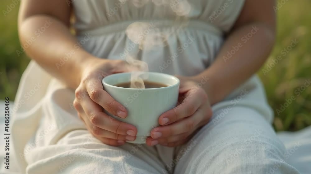 Close-up of hands holding a steaming cup of coffee in soft morning light Close-up of hands holding a steaming cup of coffee in soft morning light
