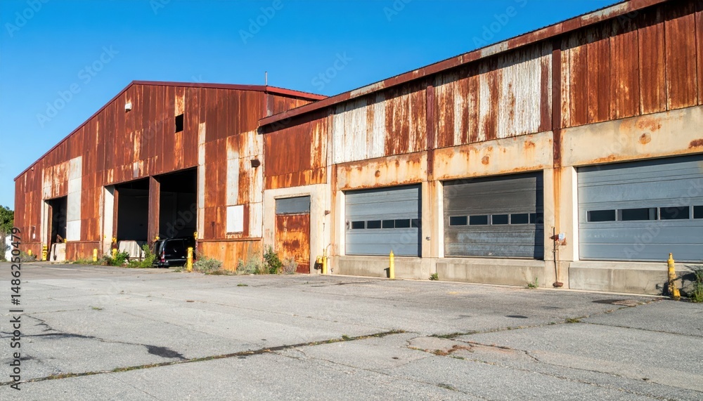 Obraz premium Rusty Warehouse with Loading Docks Under Harsh Midday Sunlight