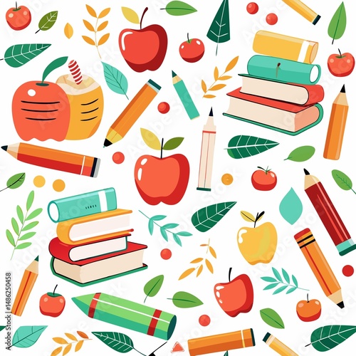 Back-to-school themed pattern with apples, books, pencils, and leaves