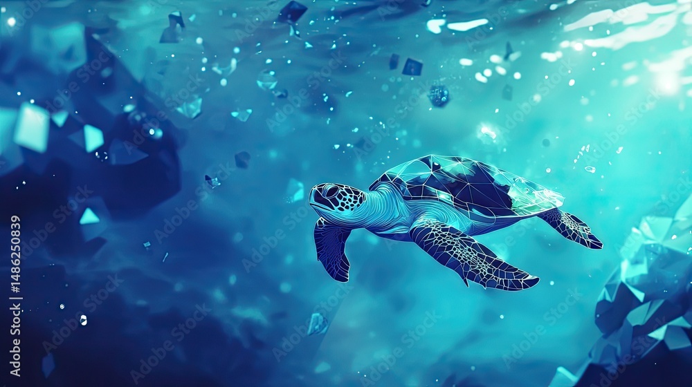Fototapeta premium A vibrant, colorful digital illustration of a sea turtle swimming underwater against a geometric blue background.