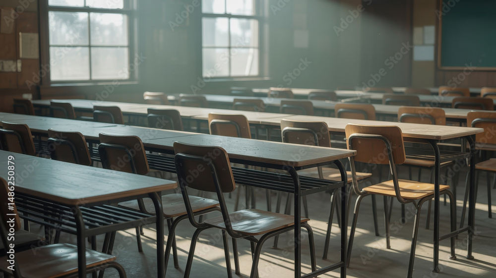 Classroom with Empty Desks and Sunlight Classroom with Empty Desks and Sunlight