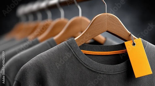 Dark Grey Crew Neck T shirts on Wooden Hangers with Orange Label Retail Fashion Apparel Display