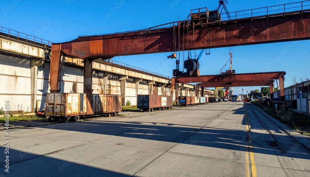 Dramatic Shadows of Rusty Cranes in Abandoned Logistics Hub Dramatic Shadows of Rusty Cranes in Abandoned Logistics Hub