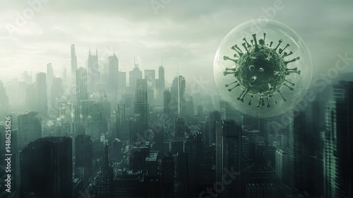 Surreal representation of a cityscape under a transparent virus dome, covid, urban lockdown visualization. 