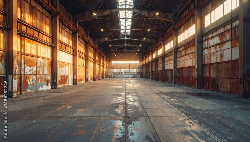 Fototapeta premium Rustic Refrigerated Warehouse Interior with Industrial Golden Lighting