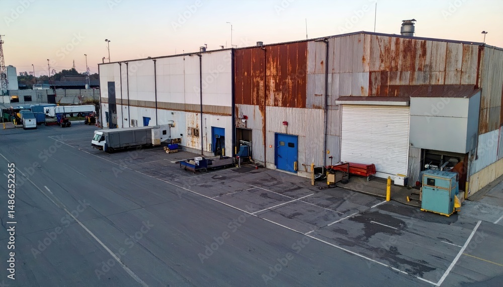 Naklejka premium Aerial View of Rusty Refrigerated Warehouse at Dawn with Machines