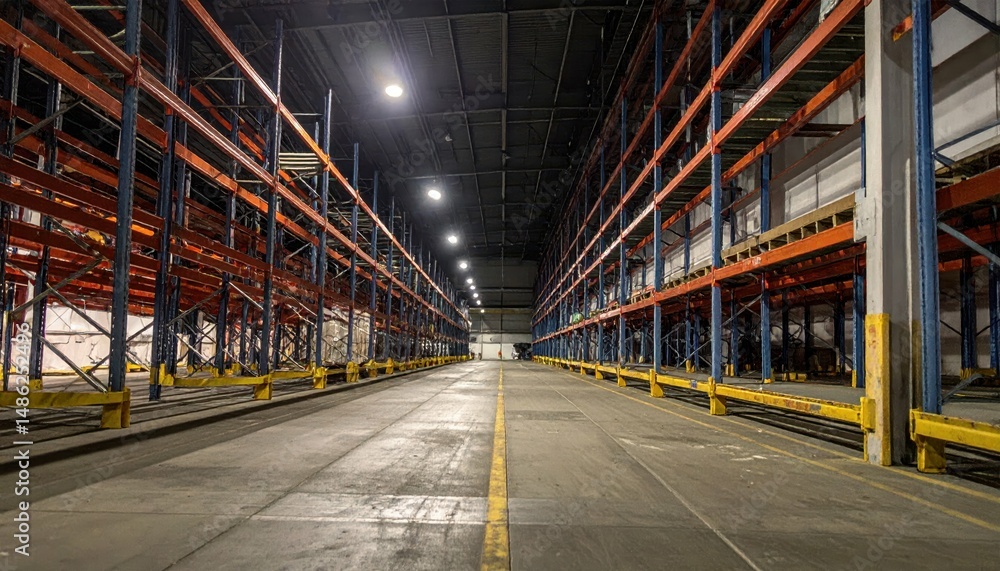 Fototapeta premium Rusty Refrigerated Warehouse with Shelving Units at Night
