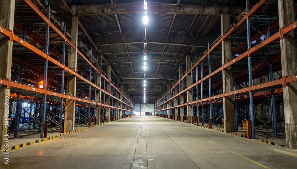 Fototapeta premium Dimly Lit Rusty Refrigerated Warehouse with Empty Shelving Units