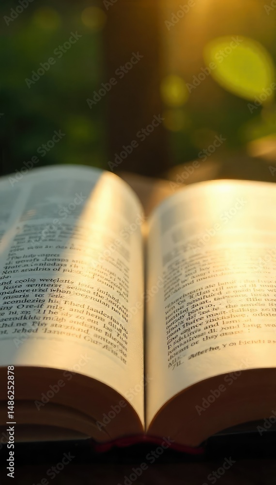Fototapeta premium Close-up of open spiritual book, sunlight illuminating pages, peaceful atmosphere Perfect for concepts of mindfulness, self-help, and inner peace , relaxation, peaceful, spiritual reading