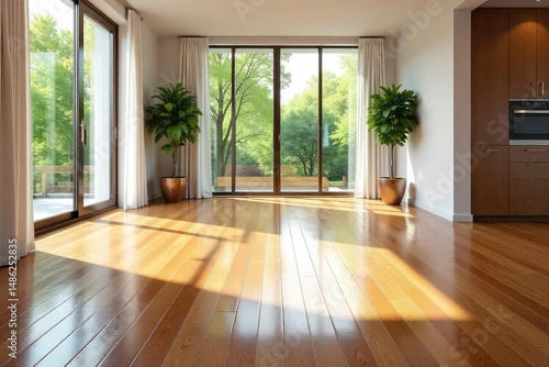 Wallpaper Mural Gleaming hardwood floors reflecting light in a modern, spacious interior , detail, contemporary Torontodigital.ca