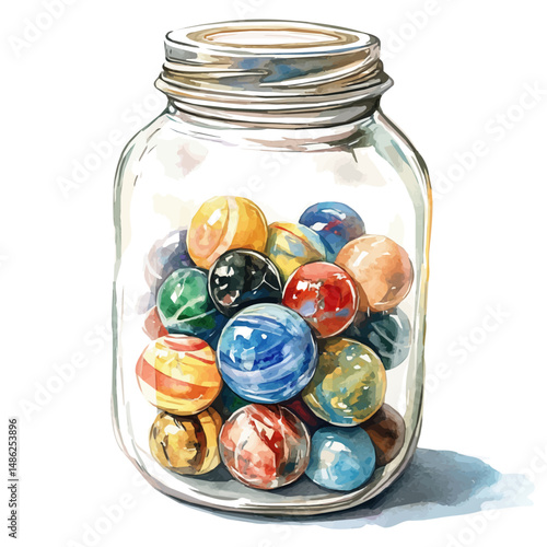 Set Of Marbles Inside A Clear Glass Jar, watercolor vector, high quality, isolated on a white background.