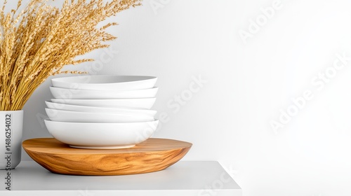Stack of white bowls sits atop a wooden platter, accented by a vase of wheat against a stark white wall.