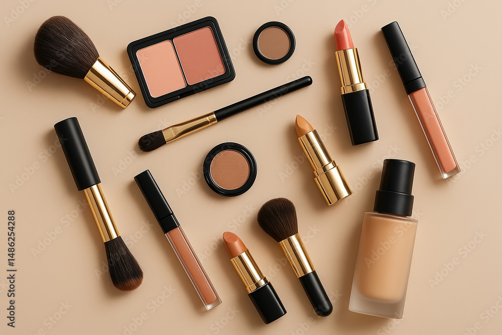 Beauty Industry Accessories on Beige Background Featuring Professional Makeup Products for Elegance and Sophistication in Modern Style Beauty Industry Accessories on Beige Background Featuring Professional Makeup Products for Elegance and Sophistication in Modern Style