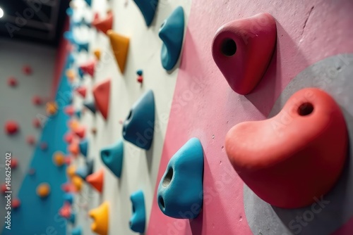 Intense close-up of colorful climbing holds on a vibrant indoor climbing wall , fitness, dynamic