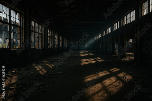 Wallpaper Mural Abandoned Warehouse Interior with Graffiti and Dramatic Shadows Creating an Eerie and Artistic Atmosphere in Urban Decay Setting Torontodigital.ca